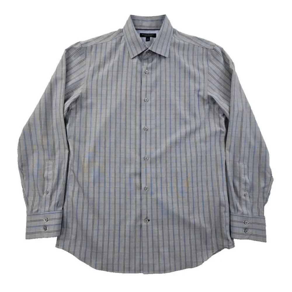 Banana Republic Non-Iron Shirt Men's M Gray Blue Check Slim‎ Fit EUC Long Sleeve